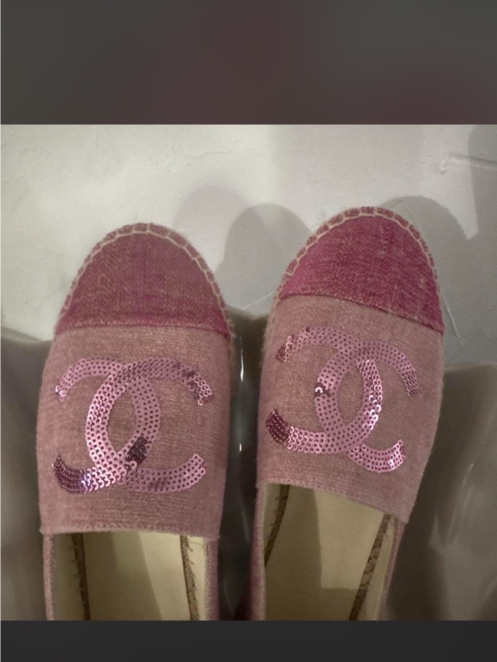 NEW CHANEL Pink Sequin CC Espadrille Flats